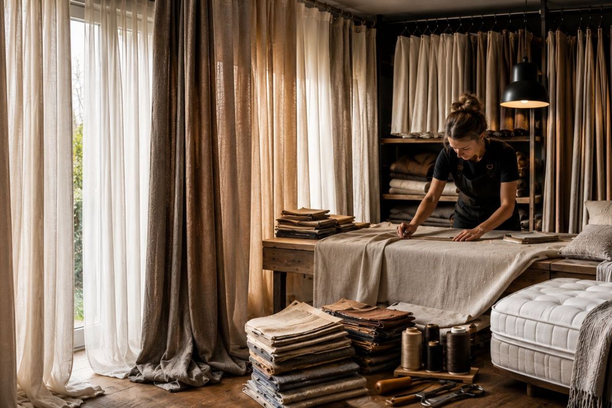 Atelier von Vonesch mit Vorhängen, Polstermöbeln und Matratzen